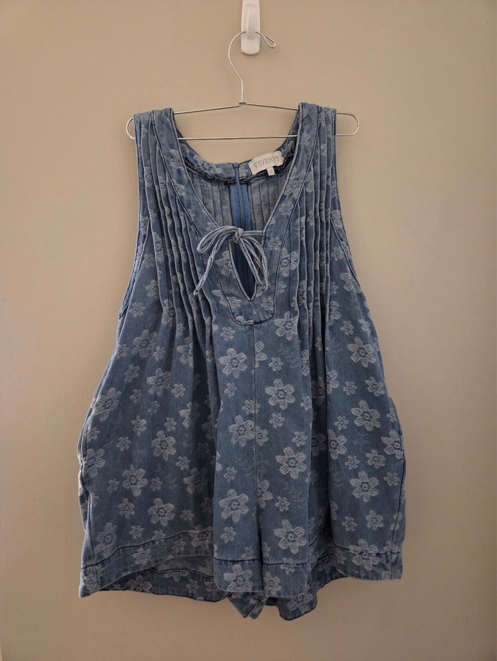 Light Denim Floral Romper with Pintuck Front